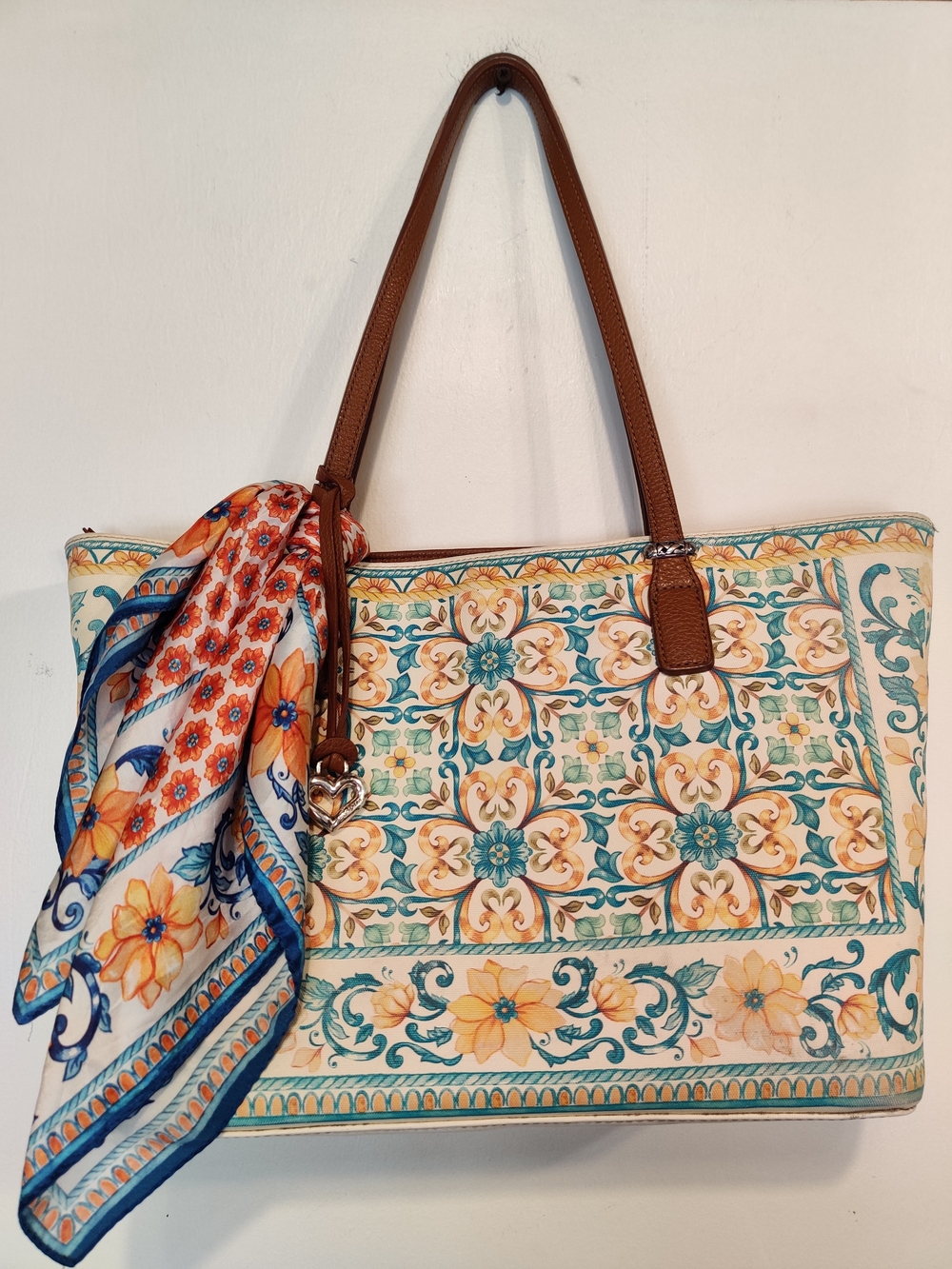 Brighton Floral Tile Print Tote Bag with Brown Handles and Scarf